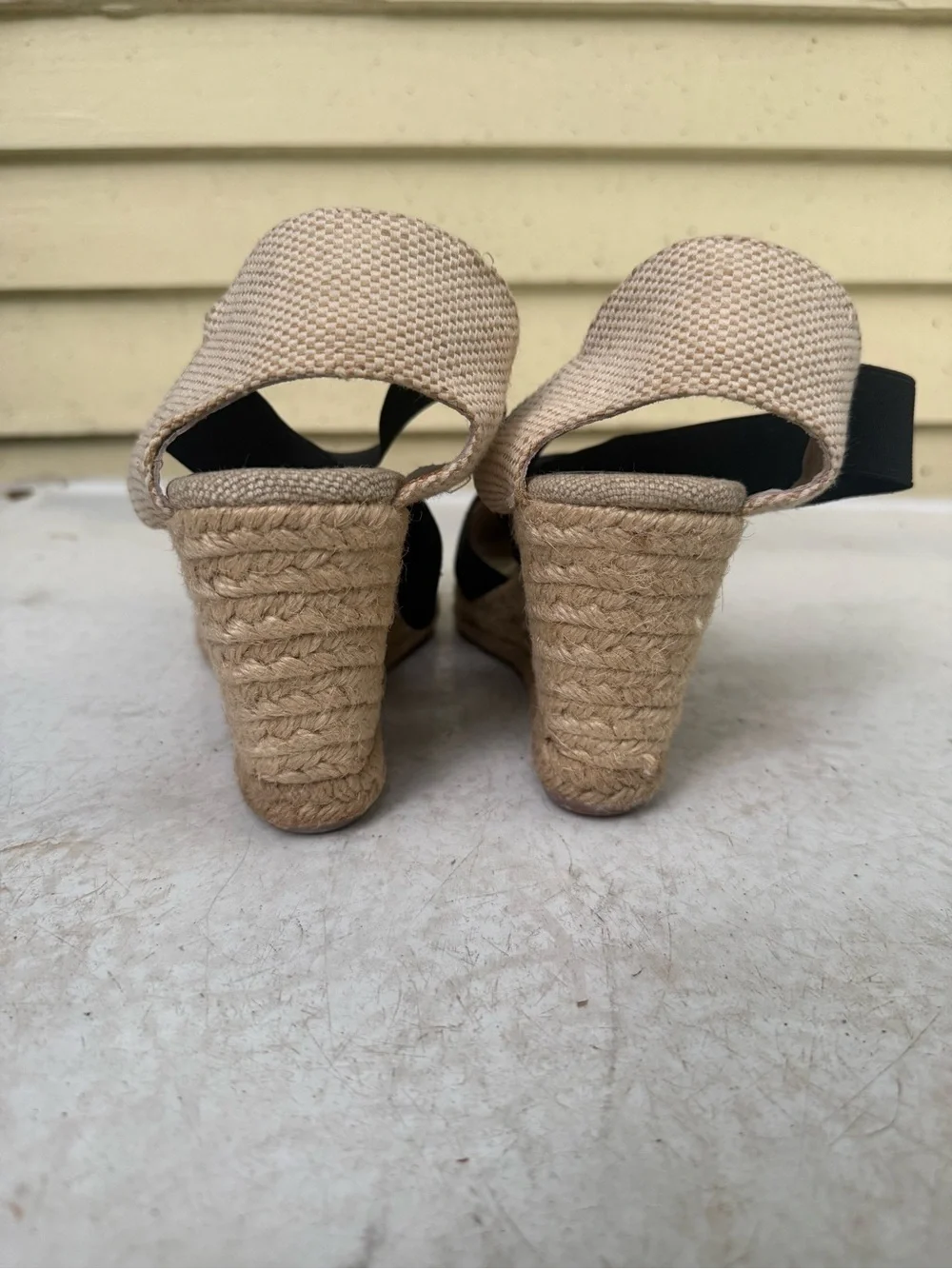 Adrienne Vittadini Black and Beige Espadrille Wedge Sandals